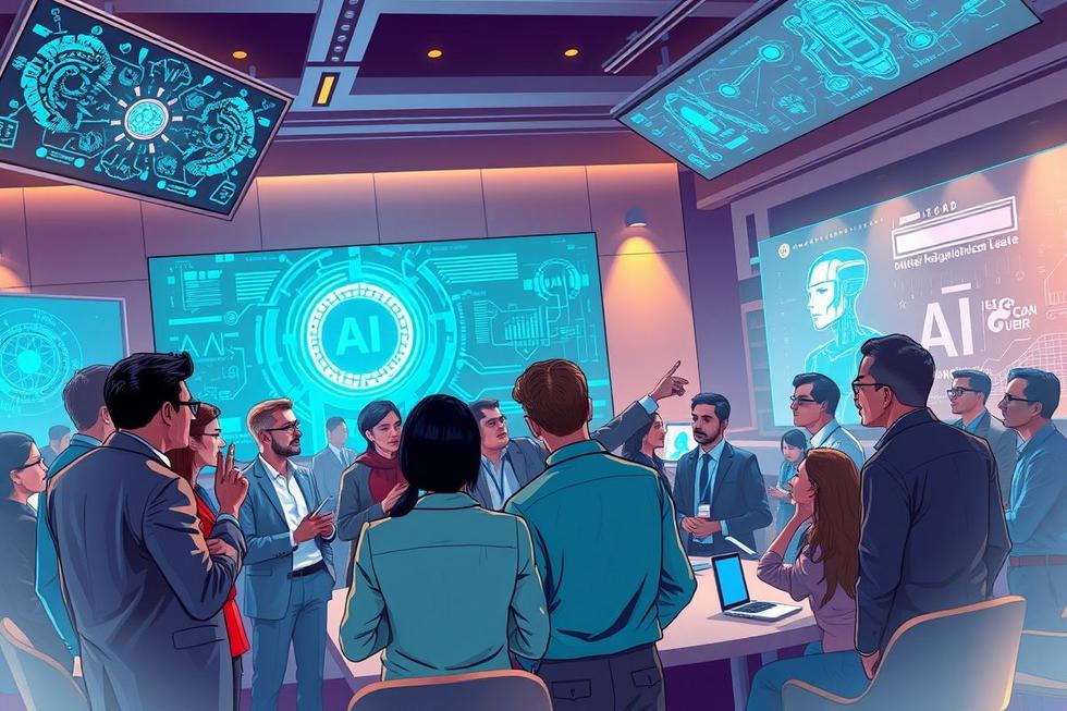 Representação da interação entre líderes empresariais e formuladores de políticas sobre a inteligência artificial