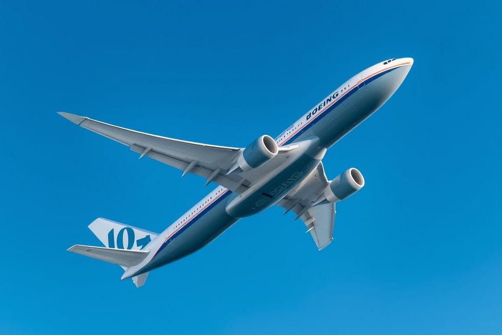 Boeing 777-8 Freighter em voo, evidenciando seu design aerodinâmico e destinado ao transporte de carga.