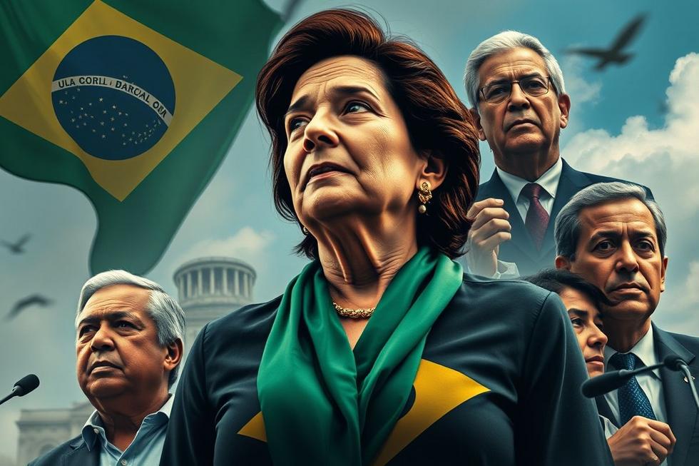 Cenário político brasileiro com Carla Zambelli e diversas figuras políticas ao fundo.