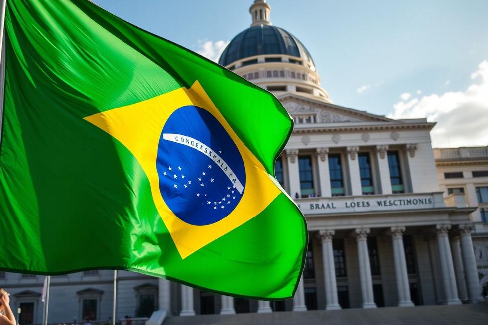 Bandeira do Brasil balançando em frente ao Congresso Nacional.