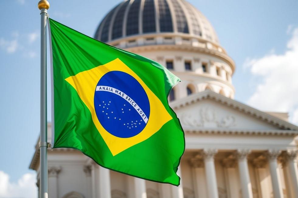 Bandeira do Brasil em frente a um prédio governamental.