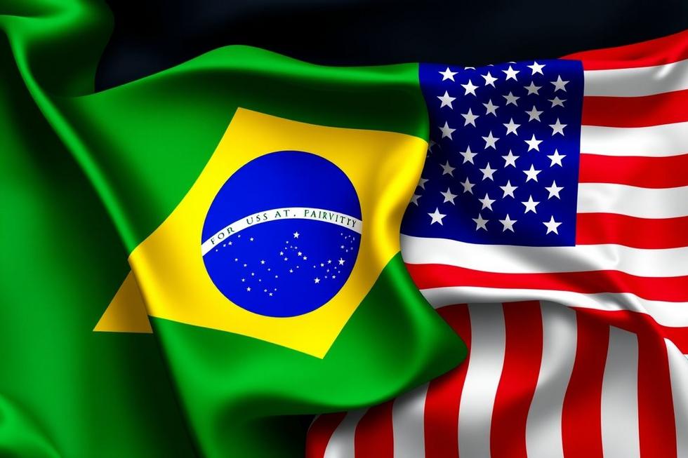Representação visual das bandeiras do Brasil e dos EUA entrelaçadas.