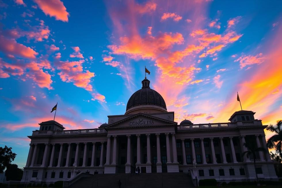 Edifício do Congresso Nacional do Brasil ao pôr do sol.