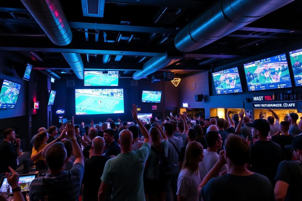 Bar esportivo com torcedores animados assistindo a um jogo ao vivo.