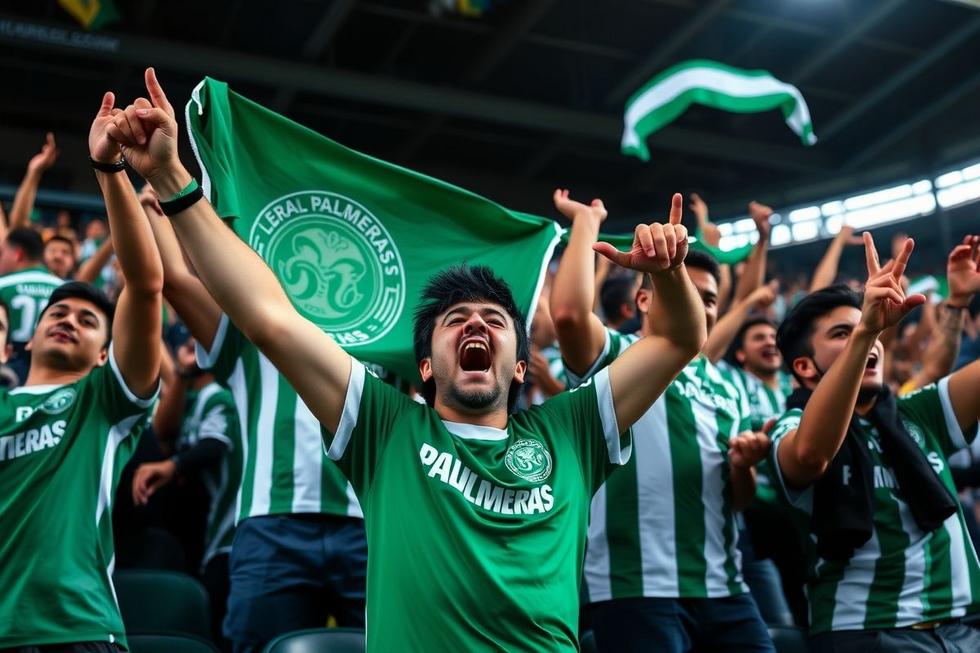 Torcedores do Palmeiras animados em um estádio.