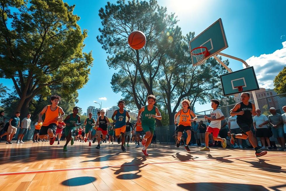 Uma quadra de basquete vibrante com jogadores em ação.