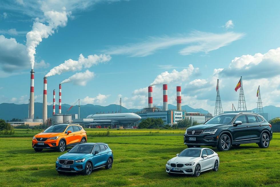 Paisagem mostrando a indústria automobilística brasileira e símbolos políticos.