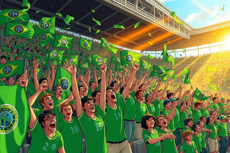 Multidão vibrante de torcedores do Palmeiras em um estádio.