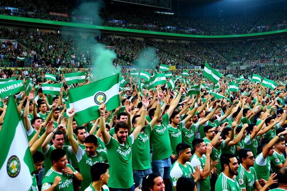 Fãs do Palmeiras no estádio vibrando em celebração.