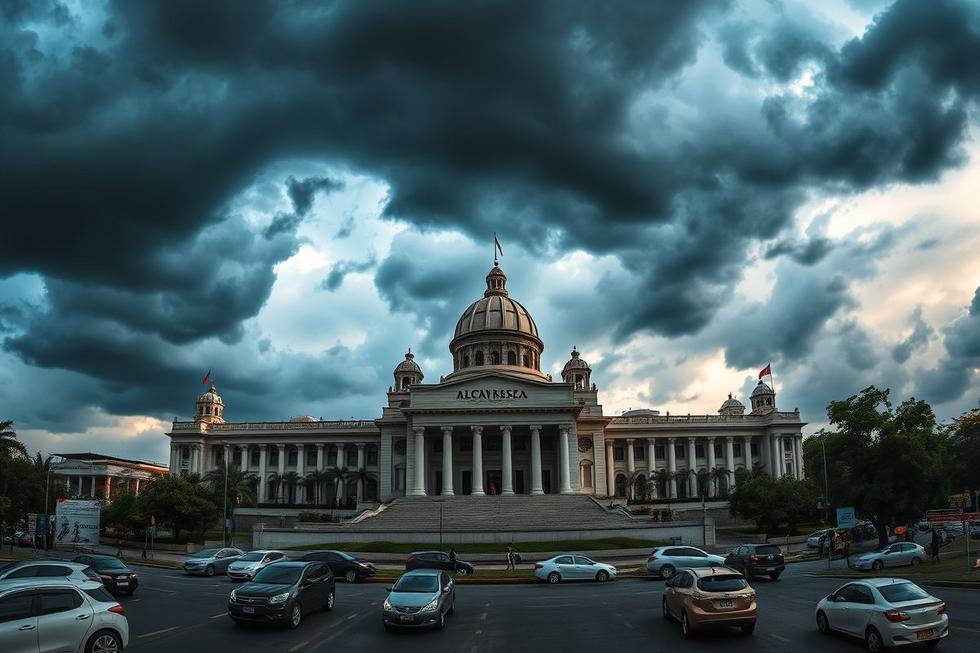 Vista do Congresso Nacional do Brasil em um dia dramático.