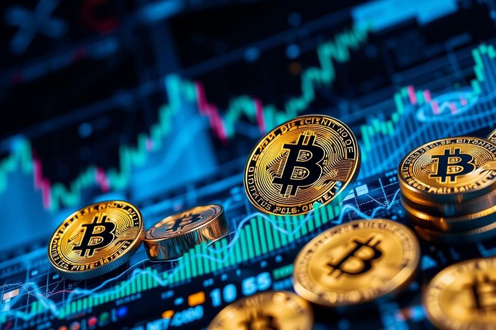 Elementos de criptomoedas representando o futuro financeiro.