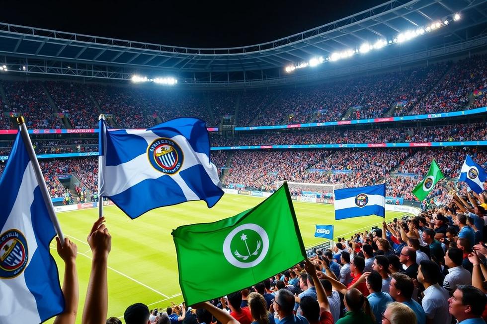 Torcedores animados em um estádio de futebol durante uma partida.