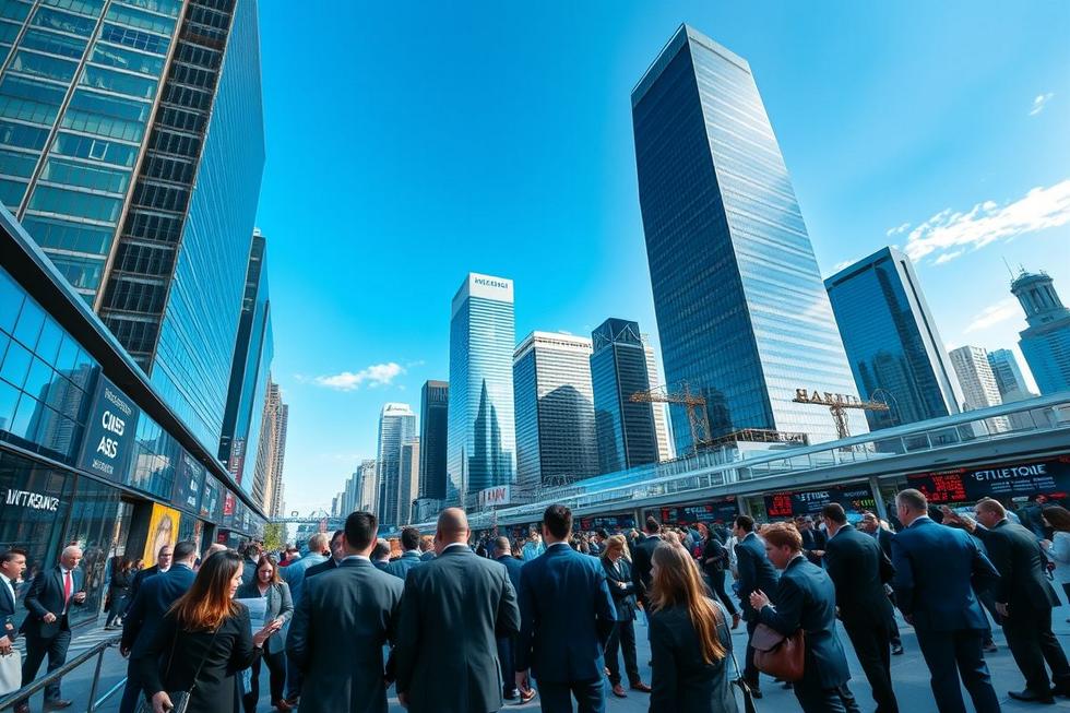 Vista do distrito financeiro com traders.