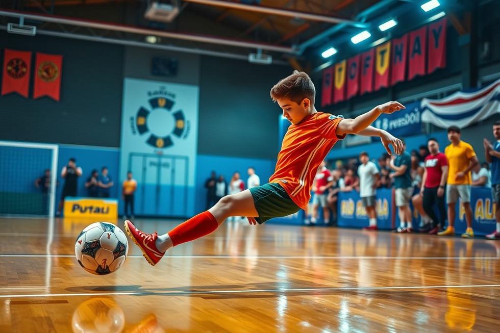Jogador de futsal marcando um gol em um jogo emocionante.