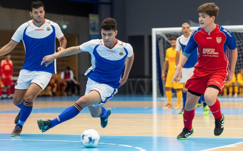 Jogadores jovens em ação em uma partida emocionante de futsal.
