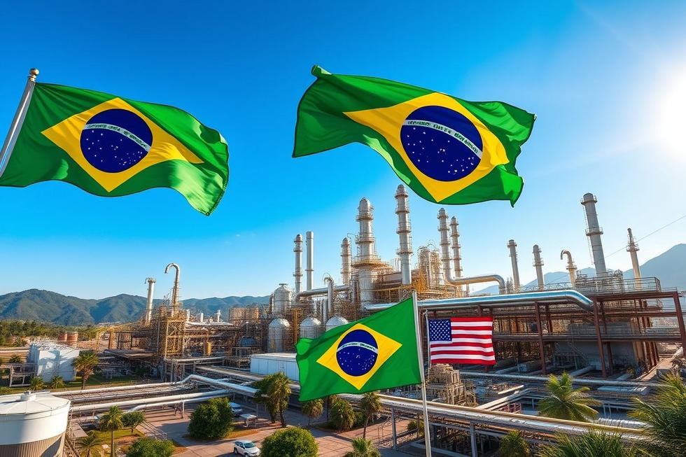 Vista detalhada de uma instalação de produção de etanol no Brasil com símbolos de cooperação internacional.