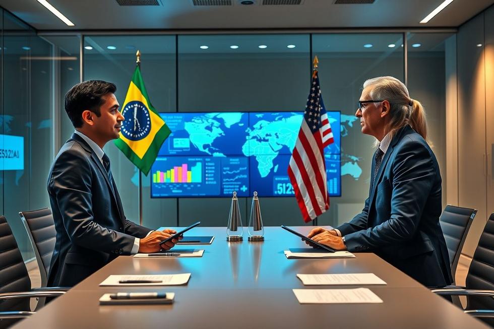 Cena de diplomatas brasileiros e americanos em uma discussão sobre negociações.