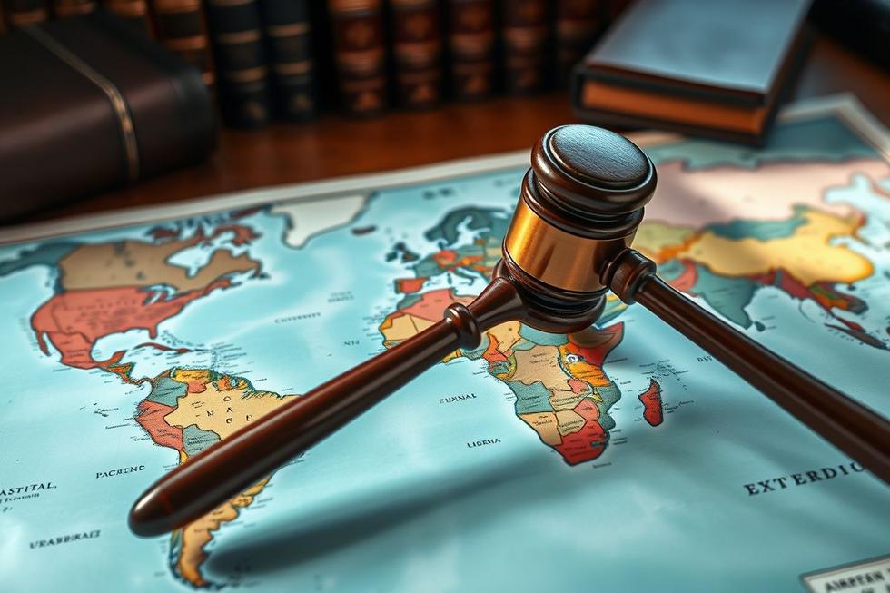 Martelo de juiz sobre um mapa mundial, representando a justiça internacional.