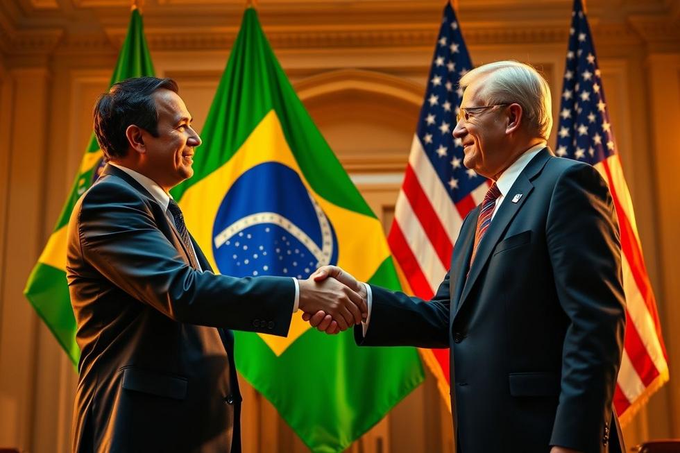 Autoridades do Brasil e dos EUA cumprimentando-se simbolizando potencial diplomático.