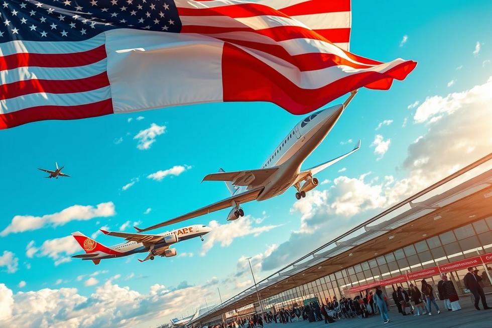 Imagem dinâmica do cenário atual da aviação entre Estados Unidos e México com aviões e bandeiras.