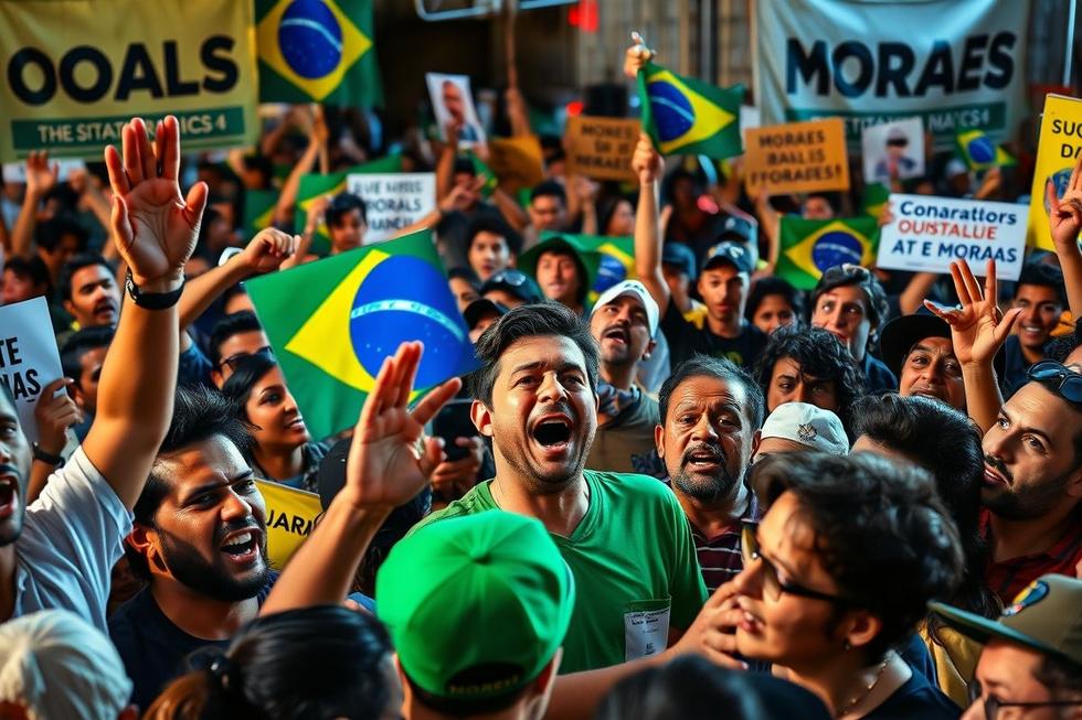 A politically charged scene with emotions reflecting the current Brazilian politics involving Moraes.