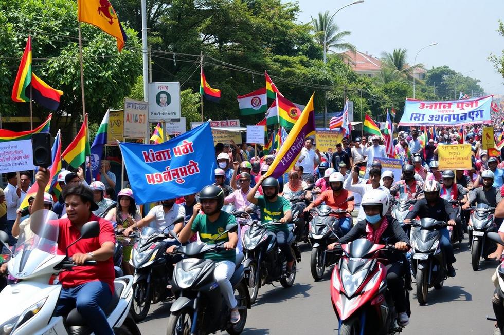 Panorâmica de uma motociata vibrante mostrando a mobilização popular.