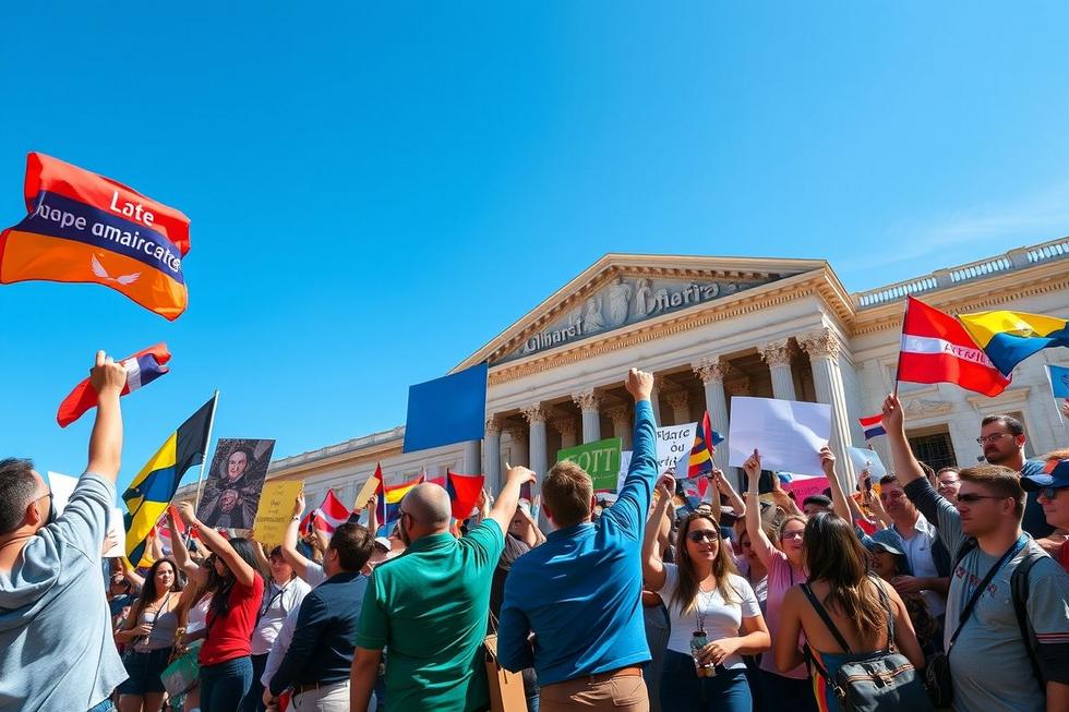 Imagem de manifestantes e apoiadores em um cenário político acalorado.
