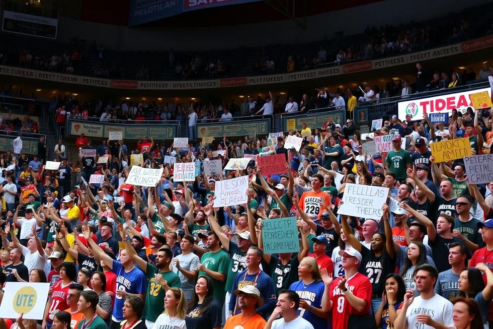 Torcida animada em um jogo de basquete, todos com camisas do time.