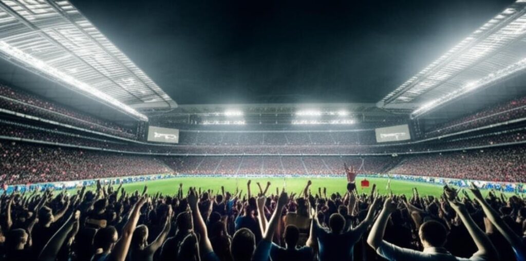 Torcedores vibrando em um estádio de futebol durante uma grande vitória.