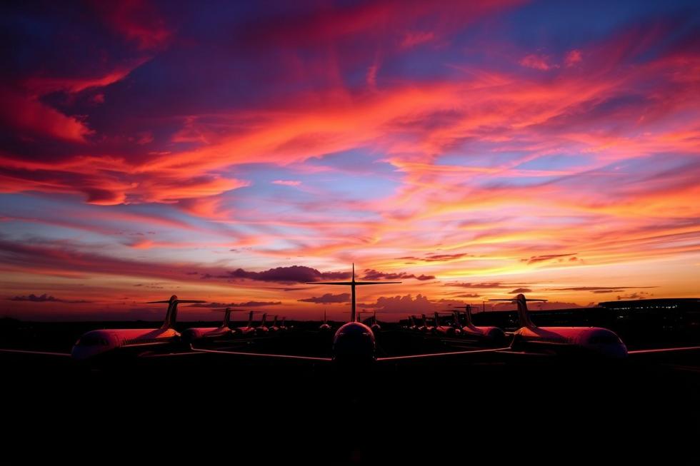 Pista de aeroporto ao pôr do sol, representando nova esperança na aviação.