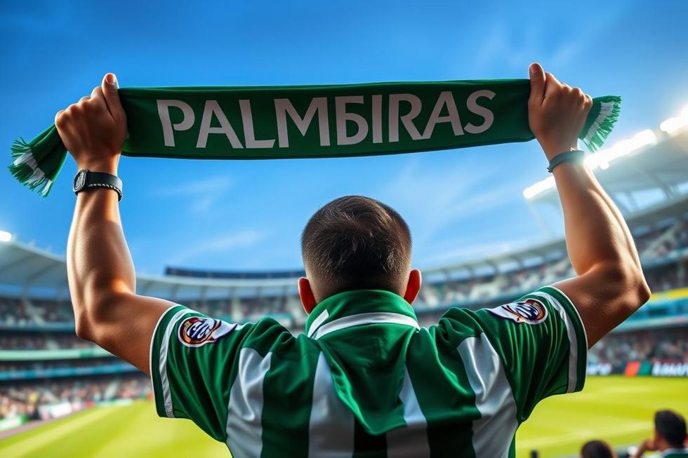 Um fã do Palmeiras elevando um cachecol em apoio ao time com o estádio ao fundo.