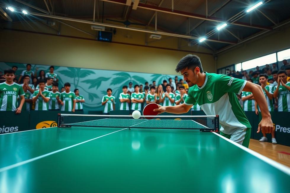 Torcedores do Palmeiras jogando tênis de mesa com alegria e paixão.