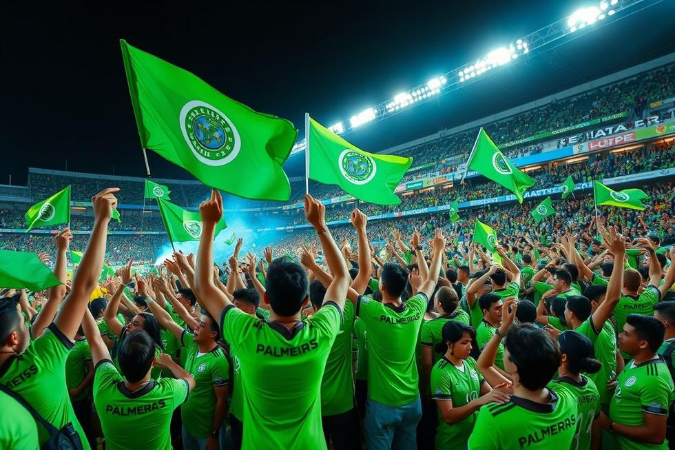 Torcida do Palmeiras animada em um estádio, demonstrando sua felicidade e amor pelo time.