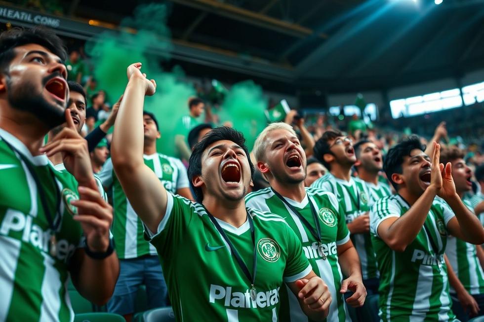 Fãs do Palmeiras vibrando juntos no estádio.