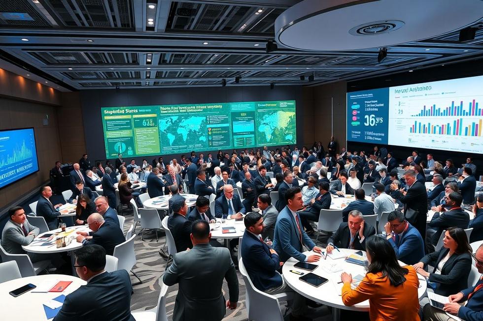 Grupo diversificado de líderes discutindo negociações comerciais.