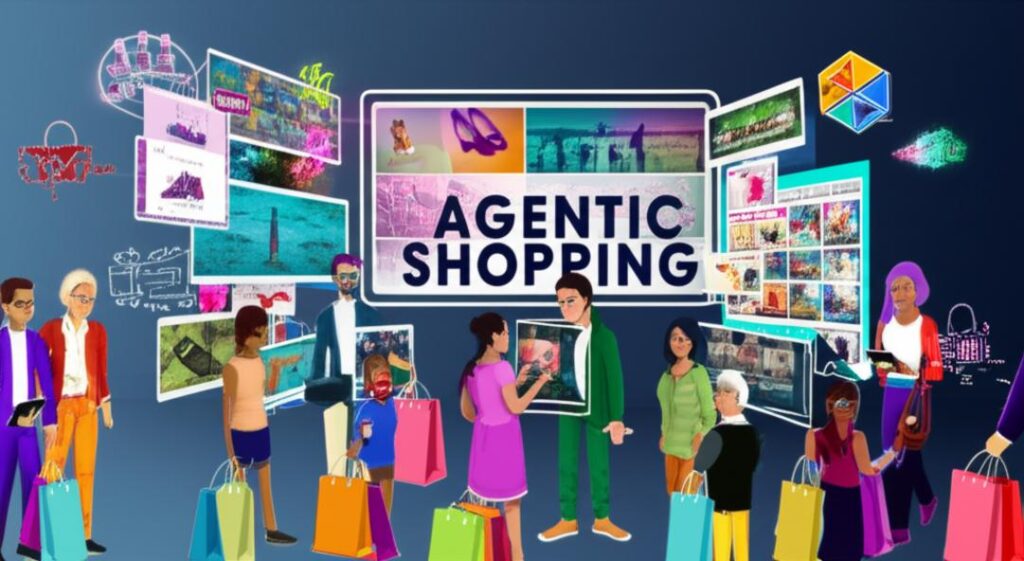 Imagem vibrante representando o tema do agentic shopping com consumidores e tecnologia.