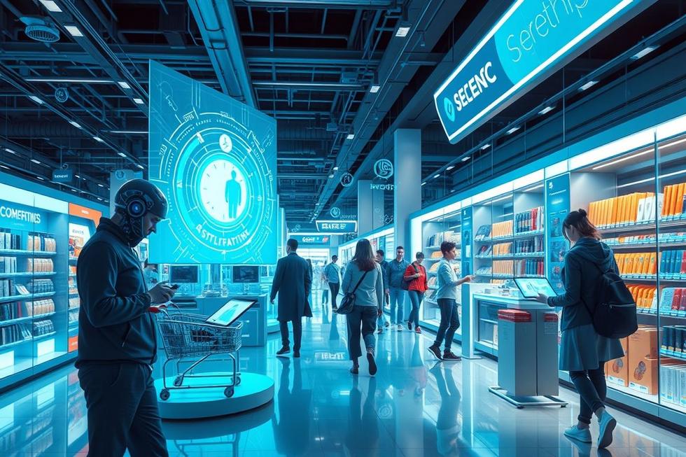 Representação do conceito de agentic shopping com tecnologia e interação do consumidor.