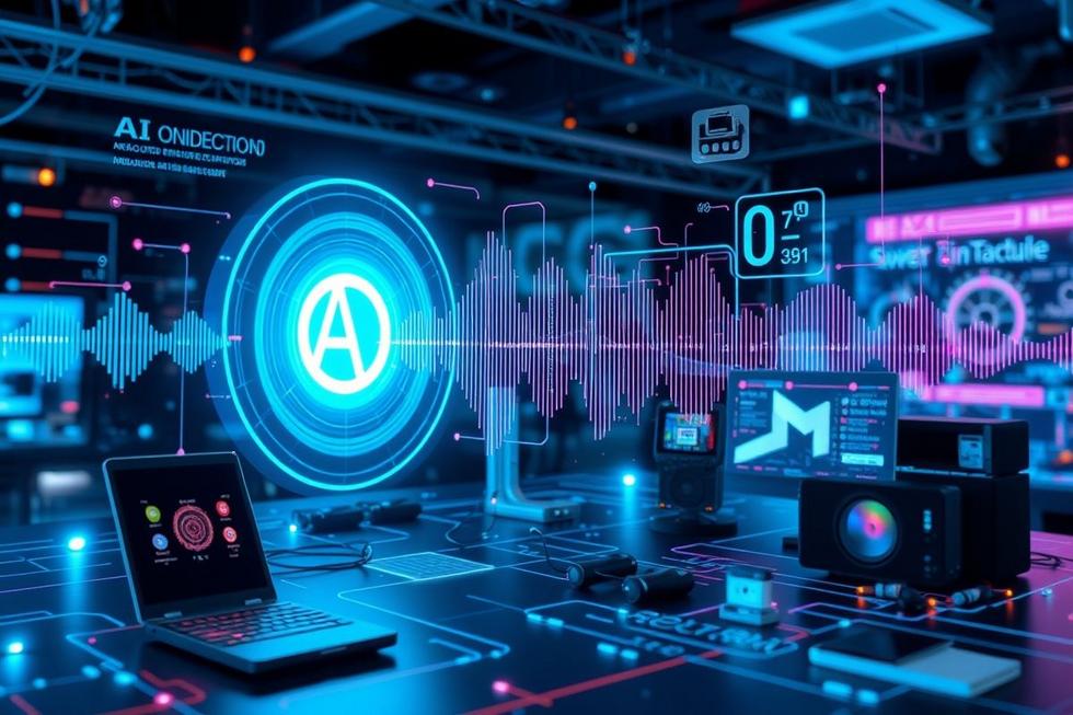 Uma representação abstrata da tecnologia de áudio inteligente e suas interações.