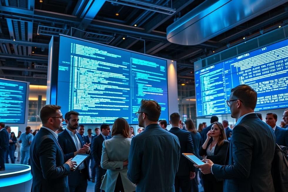 Empreendedores e investidores conversando sobre inovações de programação com IA em uma conferência.