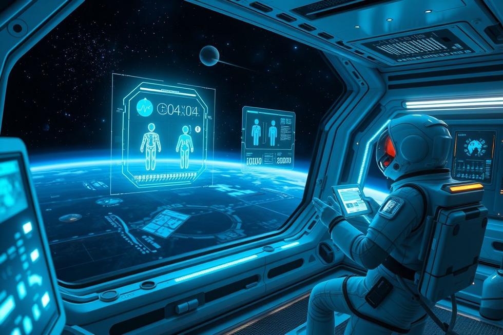 Representação estilizada da IA assistindo astronautas em suas necessidades de saúde no espaço.
