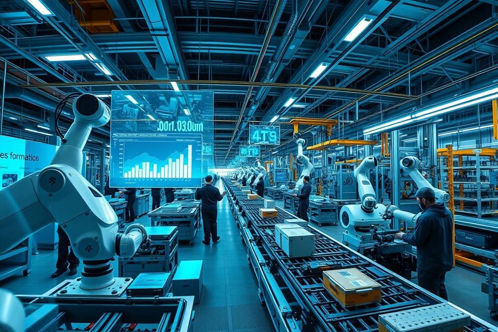 Integração de inteligência artificial na manufatura, simbolizando a colaboração entre humanos e tecnologia.