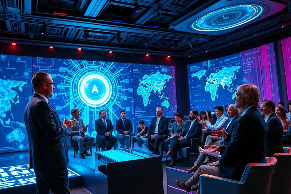 Grupo de profissionais discutindo inovações em inteligência artificial.