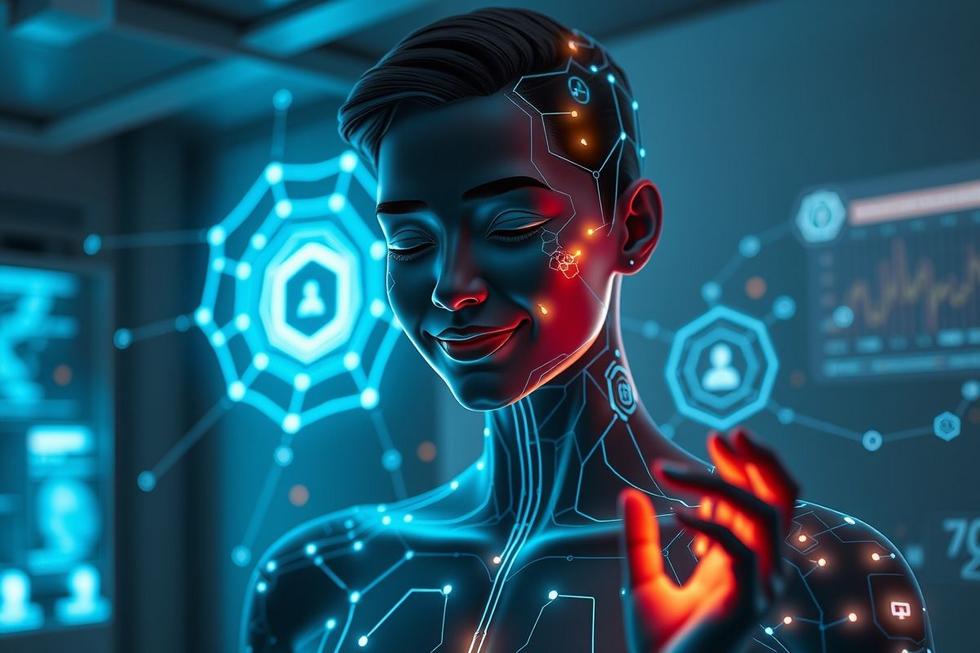 Uma imagem que simboliza a conexão entre homens e tecnologia através de aplicativos de IA.