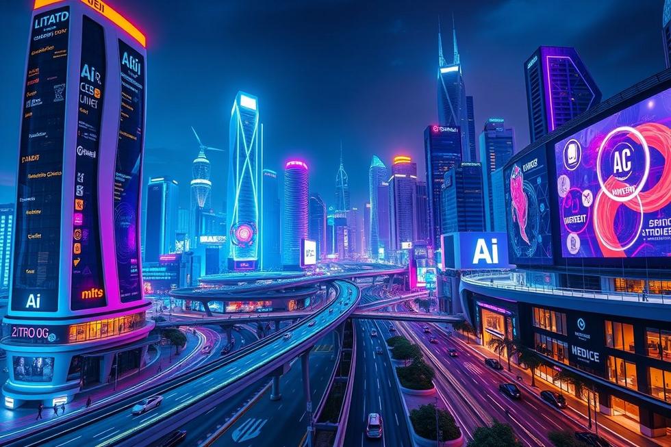 Paisagem urbana com desenvolvimento de IA e soluções tecnológicas