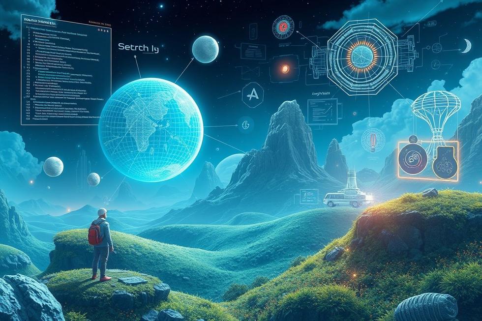 Paisagem futurista representando várias tecnologias de inteligência artificial.