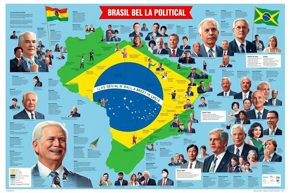 Representação do dinamismo e a complexidade da política brasileira, incluindo ícones de diferentes partidos.