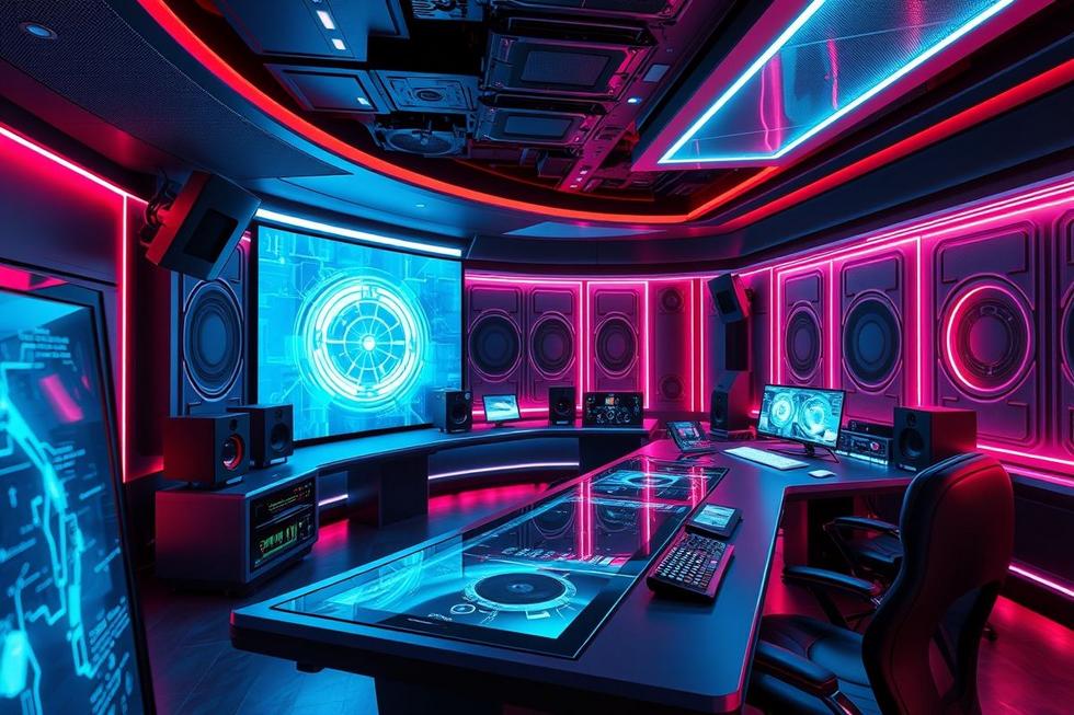 Estúdio de áudio de alta tecnologia com integração de IA.