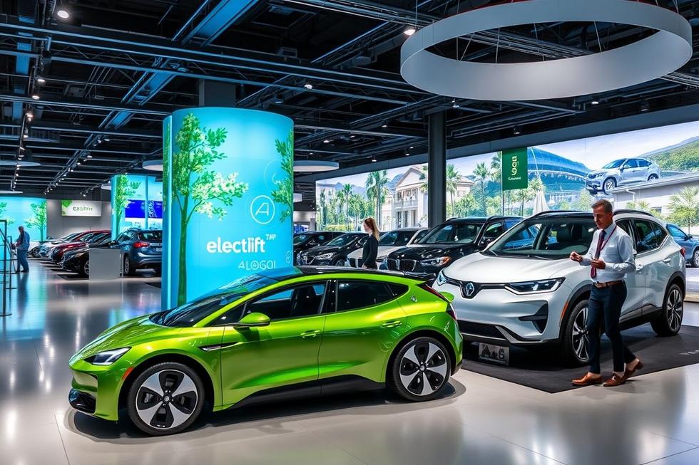 Laboratório de inovação automotiva apresentando veículos elétricos e práticas ecológicas.