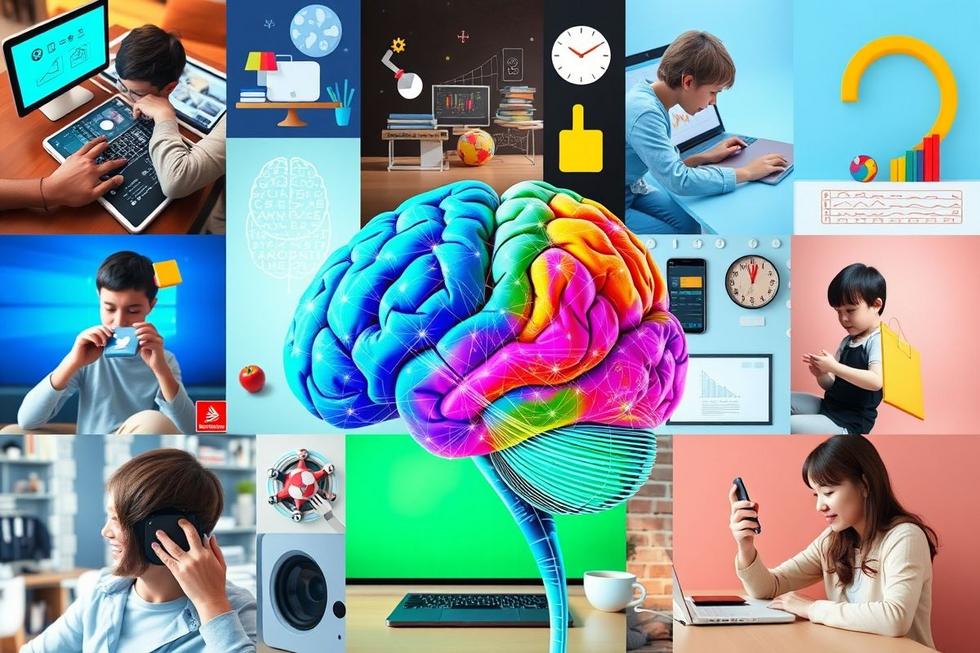 Colagem vibrante de tecnologia e atividades de lazer.