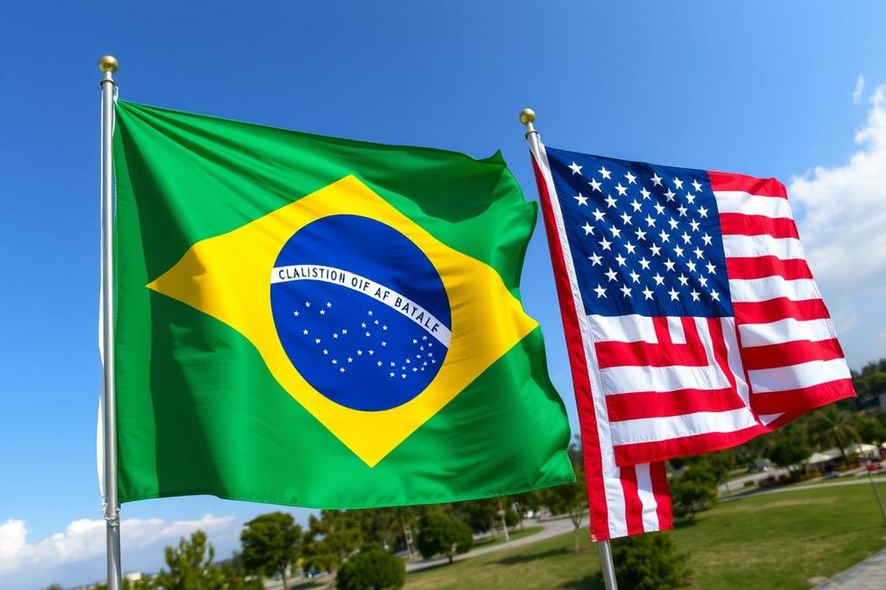 Bandeiras do Brasil e dos EUA simbolizando diálogo e parceria.